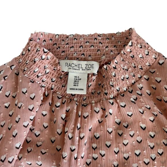 Rachel Zoe Pink Heart Print Mock Neck Long Sleeve Tie Front Blouse Size Small - Picture 3 of 9